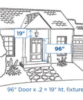 Illustration of porch entry featuring Farmhouse Outdoor Hanging Lantern Light With Textured Black Finish, showing fixture size.