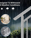 Heavy Duty White Wrought Iron Handrails For Outdoor Steps designed to withstand all weather conditions, illustrated with rain.