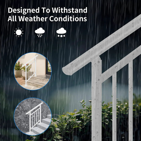 Heavy Duty White Wrought Iron Handrails For Outdoor Steps designed to withstand all weather conditions, illustrated with rain.