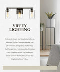 Three Light Vanity Lights With Dope Oil Rubbed Bronze Finish And Clear Glass Shades displayed on a promotional background featuring Vifeey Lighting text and a modern home setting.