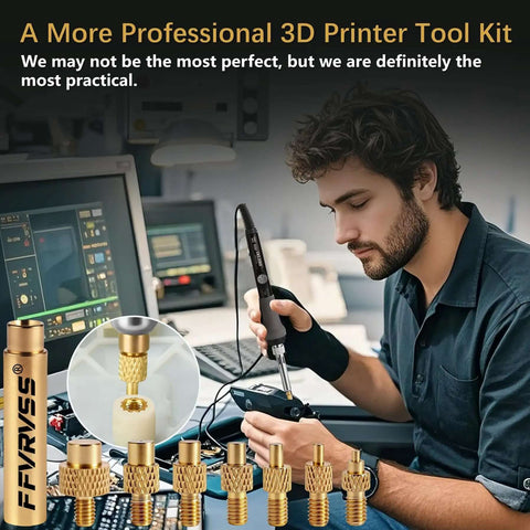 Man using Soldering Tips And Heat Set Insert Kit For Thread Inserts M2 M2.5 M3 M4 M5 M6 M8 with soldering iron adapters in workshop