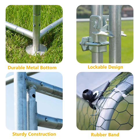 Close-up details of the Large Outdoor Metal Chicken Coop With Walk In Run For Backyard Poultry, showcasing frame and lock design.