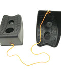 Front and side views of a set of two black heavy-duty wheel chocks connected by an orange rope.