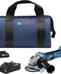 Ergonomic Brushless 18V Angle Grinder Kit With CORE18V 4Ah Battery, 4.5 Inch Wheel, charger, and carry bag displayed.