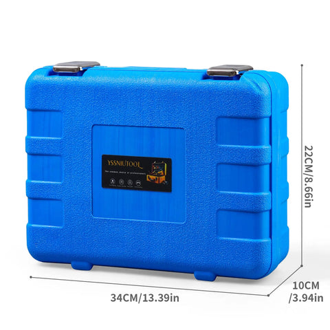 Blue carrying case for 12 Piece Snap Ring Pliers Set With 300 External Rings, dimensions labeled, front view.