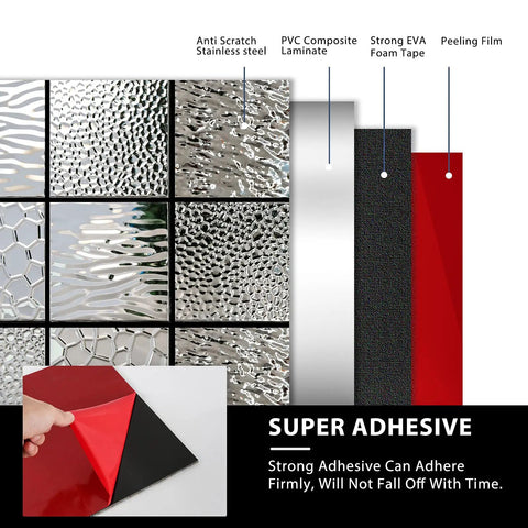 Stainless Steel Peel And Stick Backsplash Tiles 10 Sheets 3D Carven Silver layers and adhesive backing shown