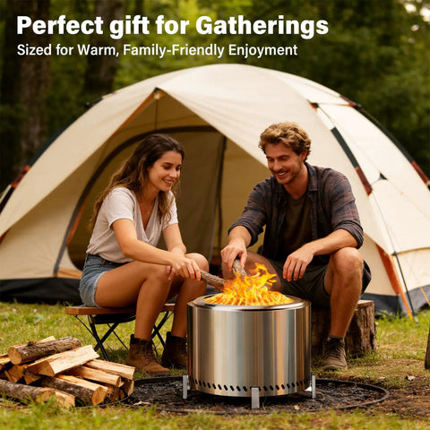 Couple enjoying 20 Inch Smokeless Patio Fire Pit For Backyard Hangouts, Garden And Patio, Stainless Steel Outdoor Wood Burning Fire Pit With Double Wall Vent System And Removable Ash Pan For Cleaner Burns And Less Smoke