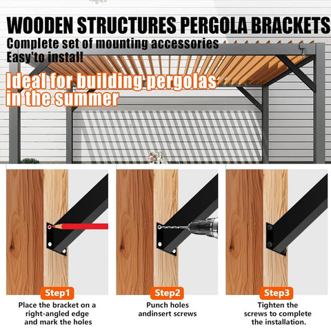 Heavy Duty Angle Corner Braces Inside Joint For Pergolas And Gazebos, 45 Degree Steel Bracket Kit, Black Powder Coated Deck Reinforcement Connectors, Interior Beams And Posts, 6 Pack