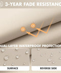 Close-up of beige outdoor chair cushions with waterproof surface and reverse side, highlighting 3-year fade resistance.