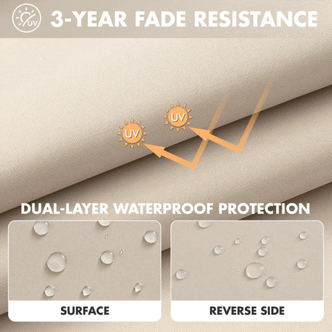 Close-up of beige outdoor chair cushions with waterproof surface and reverse side, highlighting 3-year fade resistance.