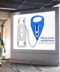 Billboard advertising a blue hotel safety portable door lock for inside use and privacy with metal components visible.