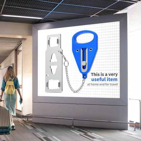 Billboard advertising a blue hotel safety portable door lock for inside use and privacy with metal components visible.