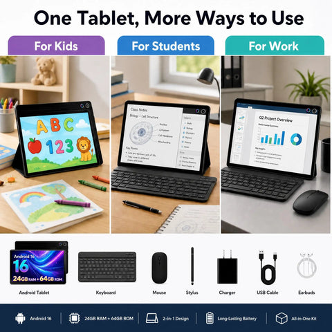 Android 16 Tablet 10.1 Inch 2 In 1 Bundle with keyboard, mouse, stylus, leather case in educational and work settings