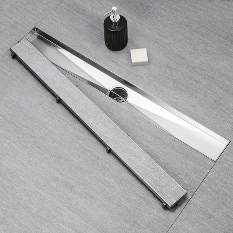 24 Inch Linear Shower Drain Kit With Invisible Tile Insert And Flat Cover, Brushed 304 Stainless Steel installed in grey tile floor