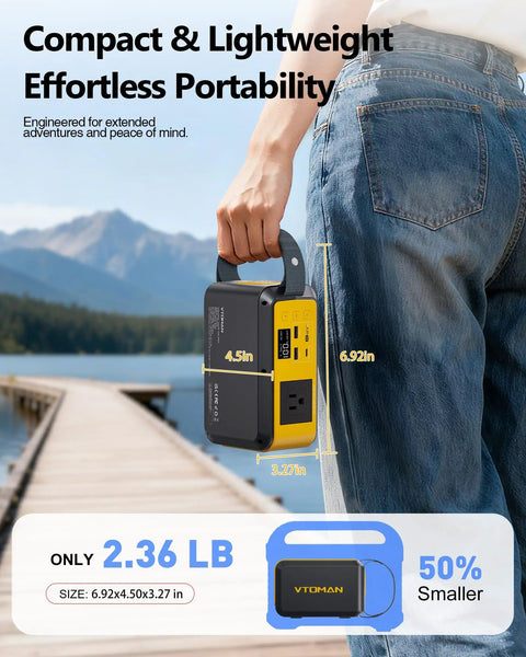Person holding Portable 88.8Wh LiFePO4 Power Station Solar Generator on a pier, showcasing compact size and lightweight design.