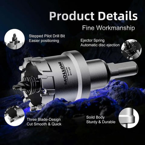 Mollom 1-1/4in carbide hole saw with 2 pilot bits; heavy-duty metal cutter for metal and plastic