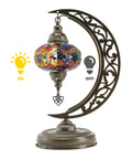 Turkish Moon Shaped Mosaic Table Lamp With Stained Glass Shade, Handmade Boho Vintage Desk Light, LED bulb on and off options