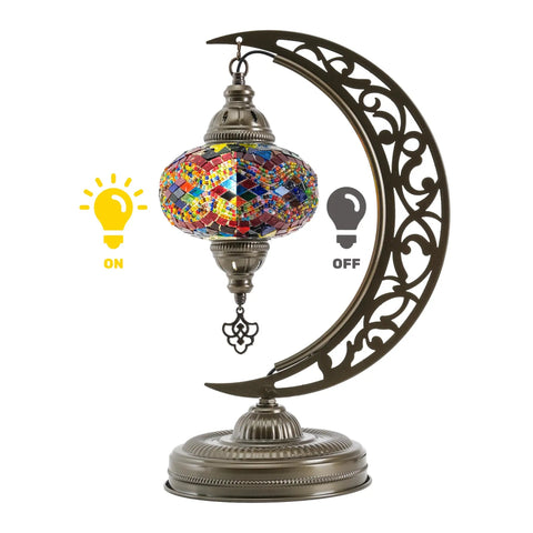 Turkish Moon Shaped Mosaic Table Lamp With Stained Glass Shade, Handmade Boho Vintage Desk Light, LED bulb on and off options