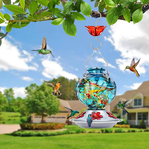 Hand Blown Glass Hummingbird Feeder For Outdoors Hanging With Bee Proof Ports And Ant Moat 360 Degree Perch Leak Proof 22oz Blue Peony Gift
