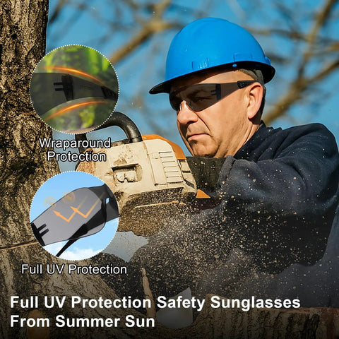 Man wearing Tinted Safety Glasses 80 Pack Bulk ANSI Z87.1 UV Protection Eyewear, using chainsaw outdoors for construction work