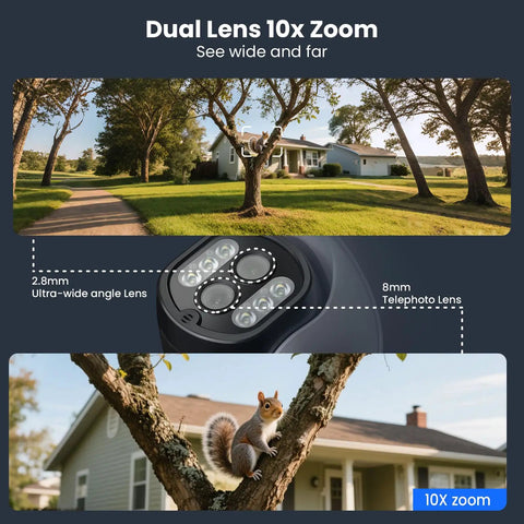 Image showing the dual lens feature of the 10X Zoom Mesh WiFi 6 PTZ AI Tracking Security Camera System.