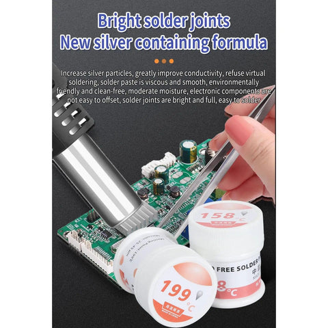 Applying Non Corrosive Solder Paste For Electronics Repair on PCB, visible labels showing 158°C and 199°C solder paste jars