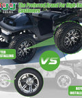 Chrome Universal Golf Cart Wheel Center Cap Covers 4 Pack With SS Logo, before and after install on golf cart wheels.