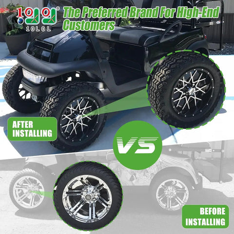 Chrome Universal Golf Cart Wheel Center Cap Covers 4 Pack With SS Logo, before and after install on golf cart wheels.
