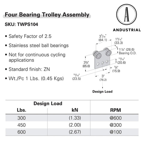 Specifications for Heavy Duty 4 Bearing Trolley Assembly For 1-5/8 Inch Strut Channel Electro Galvanized Zinc Finish Built Tough 600 Lb Capacity Fits Taller Channels One Piece Ready To Install with technical diagram.