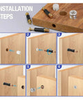 Installation steps for Three In One Furniture Connector Kit with side bolts and nuts, 50 sets for right angle cabinet panel assembly.