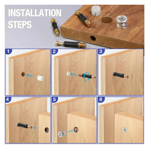 Installation steps for Three In One Furniture Connector Kit with side bolts and nuts, 50 sets for right angle cabinet panel assembly.