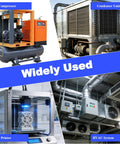 Collage of air compressor, condenser unit, 3D printer, and HVAC system, showcasing widely used industrial equipment.