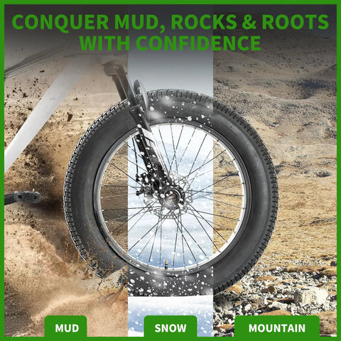 20x4 Fat Tire for Electric Bikes and All Terrain Rides with Puncture Resistant Sidewalls Thick Tread Tubes Levers and Liners in mud, snow, mountain settings