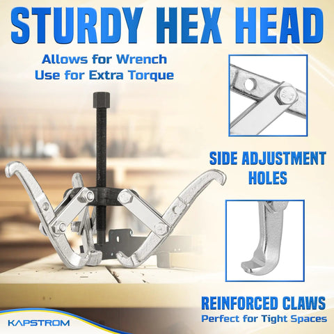 3-Jaw Gear Puller Heavy-Duty Bearing Removal Tool with sturdy hex head, side adjustment holes, reinforced claws, CR-V steel.