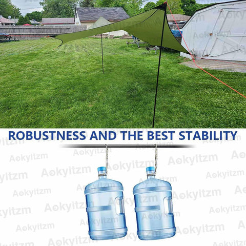 Adjustable Portable Tent Poles 74.8 Inches Beefy Rustproof Thickened Iron Stakes shown supporting tarp outdoors
