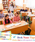 Classroom with students using 36 Pack Desk Name Plates For Students Classroom Name Tags Vinyl Desk Labels For Kindergarten And Elementary Back To School Decor Easy Peel And Stick Durable Classroom Supplies For Teachers.