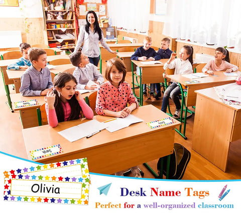 Classroom with students using 36 Pack Desk Name Plates For Students Classroom Name Tags Vinyl Desk Labels For Kindergarten And Elementary Back To School Decor Easy Peel And Stick Durable Classroom Supplies For Teachers.