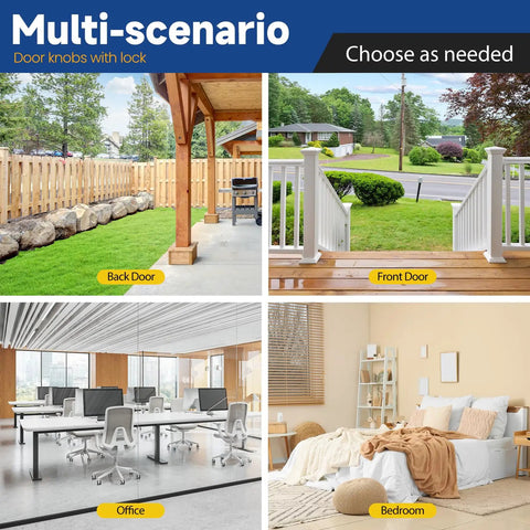 Multiple scenarios for keyed entry door knob with lock: back door, front door, office, and bedroom settings.