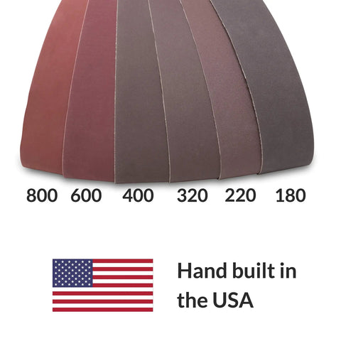 Knife Makers Sanding Belts 2x42 Inch Fine Grit Kit 6 Pack P180 P220 P320 P400 P600 P800 with USA flag and grit numbers