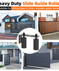 Sliding Gate Guide Rollers and Hardware Kit with Heavy Duty 4 Inch Adjustable Nylon Wheels and Rust Proof L Bracket for Sliding Gates, Wood or Garage Doors, Black Finish, One Piece Pack shown in use on various gates.