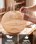 Mgcanyu 16in Rattan Pendant Light, Boho Wicker Hanging Lamp for Dining Room, hand-woven rattan globe being crafted.