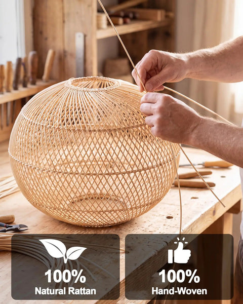 Mgcanyu 16in Rattan Pendant Light, Boho Wicker Hanging Lamp for Dining Room, hand-woven rattan globe being crafted.