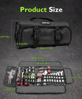 64 Piece Motorcycle Tool Kit With Roll Pouch Ride Ready Roadside Rescue Set shown open and closed with dimensions