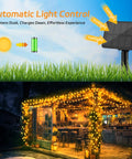 Outdoor Solar Fairy Lights Waterproof 16.4 Ft 50 LEDs String Lights For Patio Backyard Garden 8 Modes Two Pack Warm White Glow Holiday Decor For Christmas Halloween, illustrating automatic light control and cozy outdoor setup.