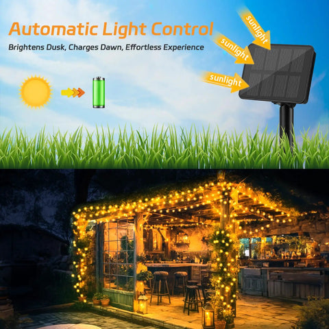 Outdoor Solar Fairy Lights Waterproof 16.4 Ft 50 LEDs String Lights For Patio Backyard Garden 8 Modes Two Pack Warm White Glow Holiday Decor For Christmas Halloween, illustrating automatic light control and cozy outdoor setup.