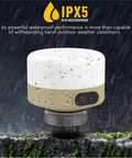 USB Powered Camping Lantern For Elecom Nestout, No Battery Needed, in rain, showing IP65 waterproof feature