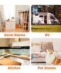 Collage of Dorm Rooms, RV, Kitchen, and Pet Snacks, showcasing versatile living spaces and food preparation.