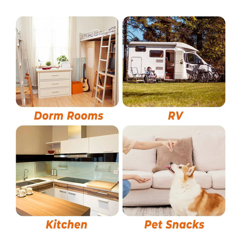 Collage of Dorm Rooms, RV, Kitchen, and Pet Snacks, showcasing versatile living spaces and food preparation.
