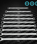 Ultra Long Ratcheting Wrench Set With Double Box Ends Metric 9 Piece Premium Beefy Chrome Vanadium Steel Heat Treated For Maximum Strength And Durability Built For Quick Tightening And Loosening Of Bolts In Tight Spots, 8-22mm set