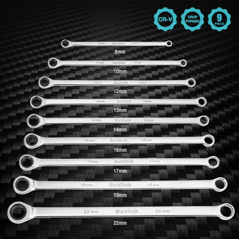 Ultra Long Ratcheting Wrench Set With Double Box Ends Metric 9 Piece Premium Beefy Chrome Vanadium Steel Heat Treated For Maximum Strength And Durability Built For Quick Tightening And Loosening Of Bolts In Tight Spots, 8-22mm set